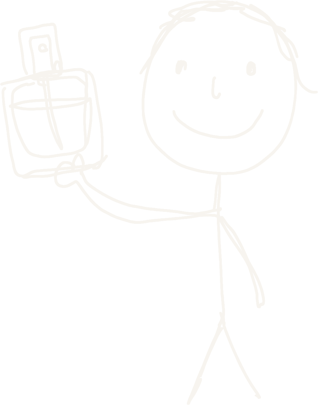 Transparent hand-drawn character holding an UNDER x PERFUME bottle